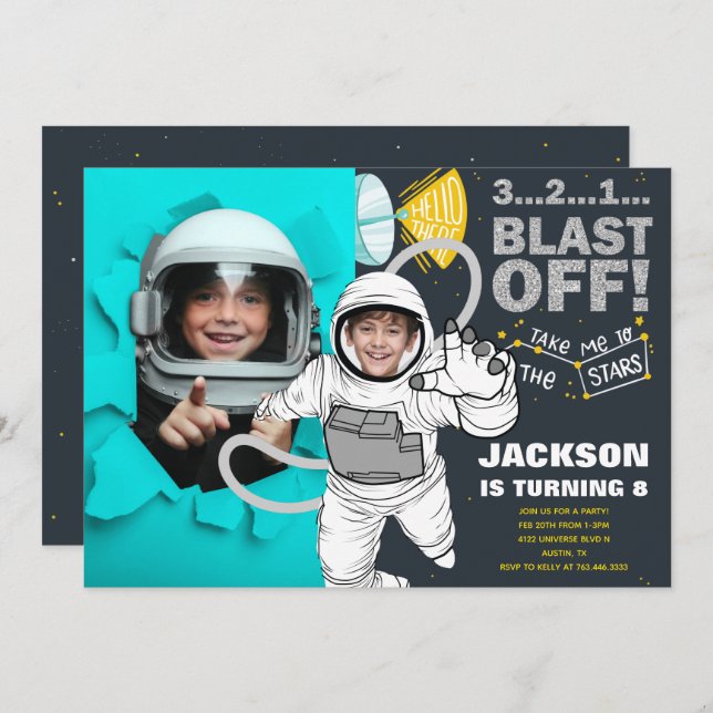 Blast Off Outer Space Astronaut Photo Birthday Invitation (Front/Back)
