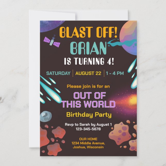 Blast Off Outer Space Birthday Invitation (Front)