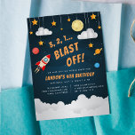 Blast Off | Outer Space Birthday Party Invitation<br><div class="desc">Cool space themed birthday party invitations feature a rocket ship,  stars,  planets and clouds against a night sky background,  with "3,  2,  1... blast off" in bright comic book style lettering. Personalise with your birthday party details beneath.</div>