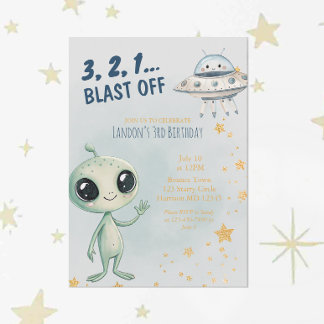 Blast Off Outer Space Boys Third Birthday Invitation