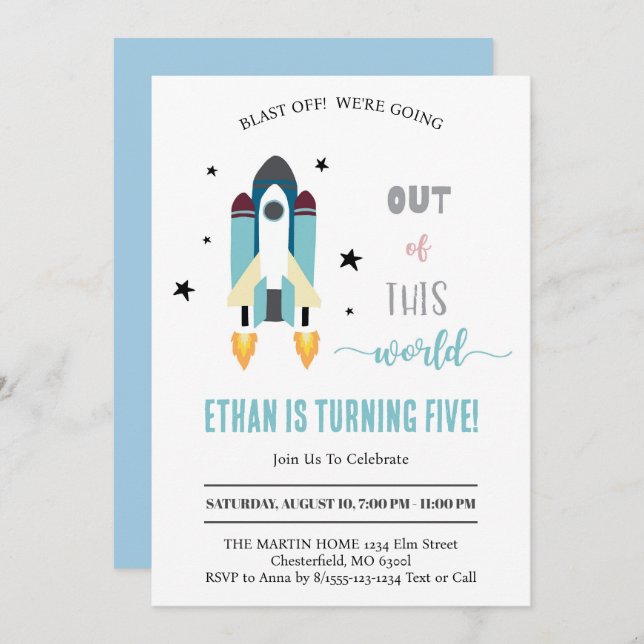 Blast Off! Outer Space  Out of This World Birthday Invitation (Front/Back)