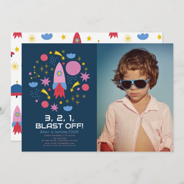 Blast Off! Outer Space Rocket Boy Birthday Photo Invitation (Front/Back)