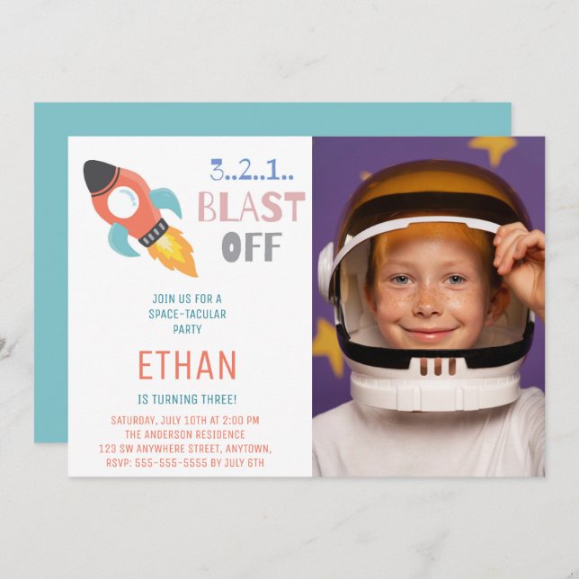Blast Off! Outer Space Rocket Ship Birthday Photo Invitation (Front/Back)