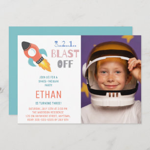 Blast Off! Outer Space Rocket Ship Birthday Photo Invitation