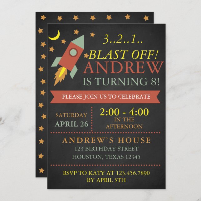 Blast off Rocket Birthday Party Invitation (Front/Back)