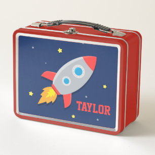 Blast Off Rocket Ship Outer Space Boys Name Metal Lunch Box