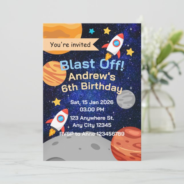 Blast Off Rocket Space Birthday for Boys Invitation (Standing Front)