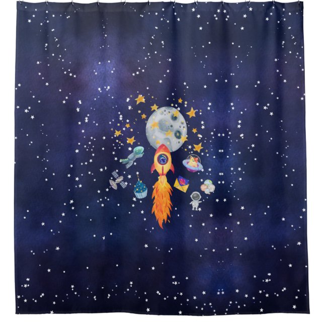Blast-Off Rocketship Space Kids Shower Curtain (Front)
