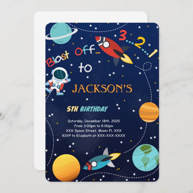 Blast Off Space Birthday Invitation (Front/Back)