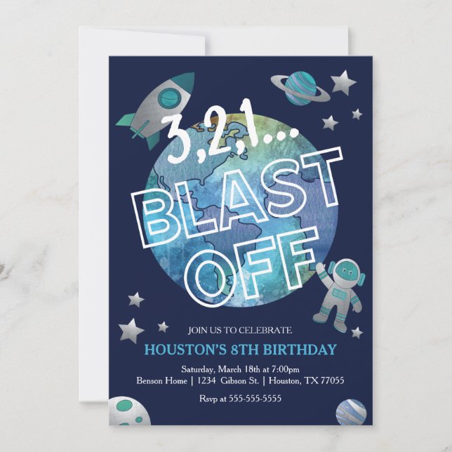 Blast Off Space Birthday Invitation (Front)