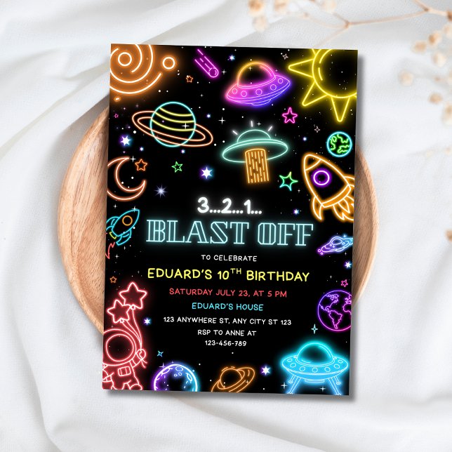 Blast Off Space Birthday Neon Outer Space Kids Invitation (Creator Uploaded)