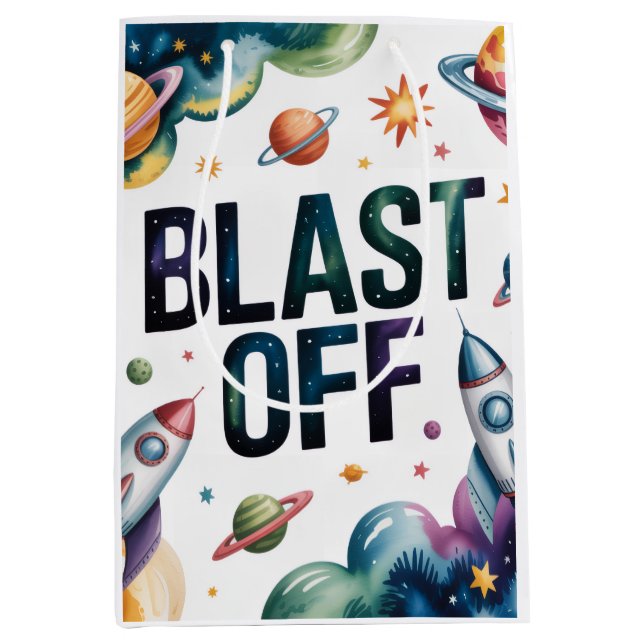 Blast Off Space Boy Astronaut Birthday Party Medium Gift Bag (Front)