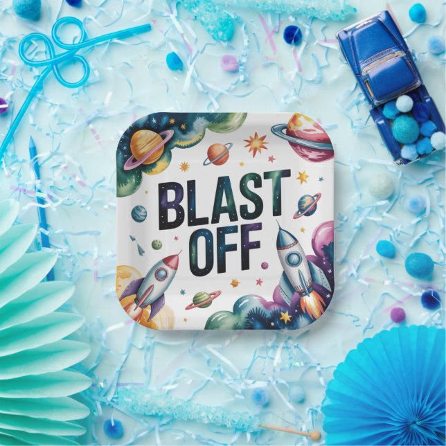Blast Off Space Boy Astronaut Birthday Party Paper Plate (Party)
