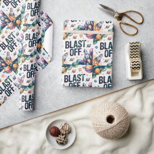Blast Off Space Boy Astronaut Birthday Party Wrapping Paper