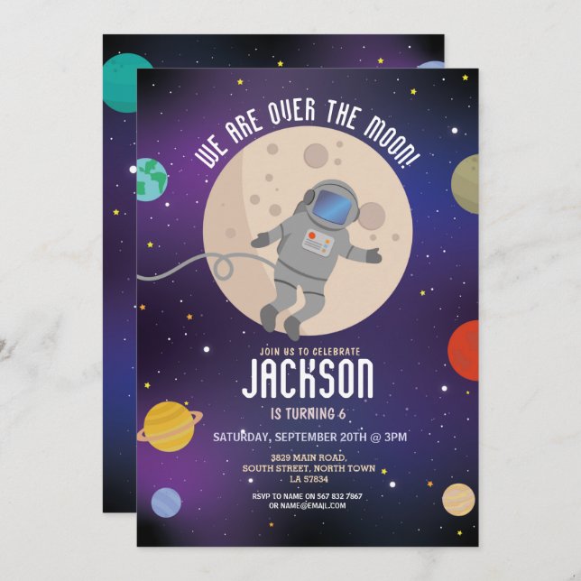Blast Off Space Galaxy Birthday Party Rocket Moon Invitation (Front/Back)