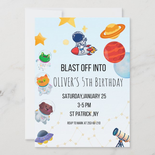 Blast Off Space Theme ,Birthday Party Invitation  (Front)