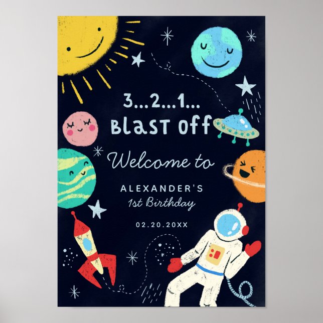Blast Off Space Theme Birthday Welcome Sign (Front)