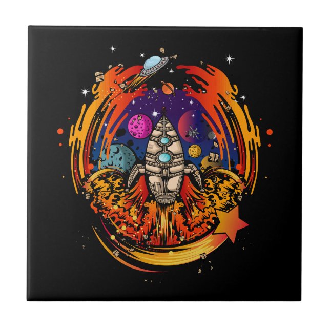 Blast Off Spaceship Ceramic Tile (Front)