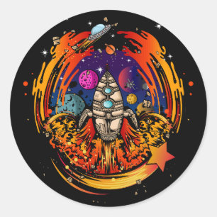 Blast Off Spaceship Classic Round Sticker
