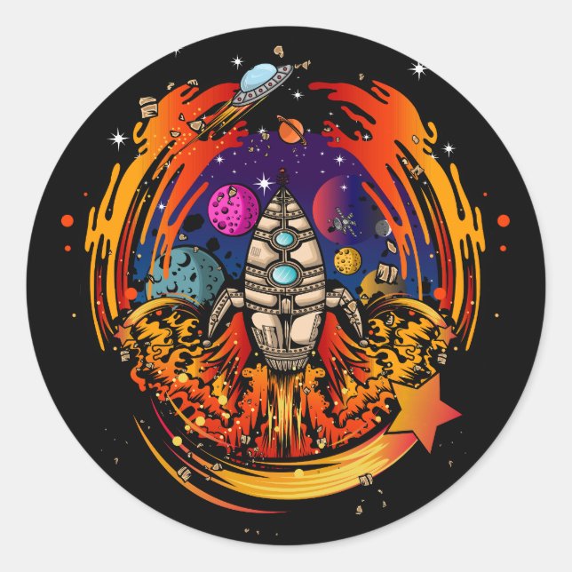 Blast Off Spaceship Classic Round Sticker (Front)