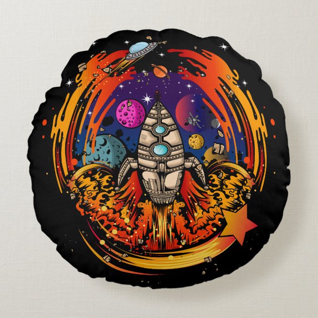 Blast Off Spaceship Round Cushion (Front)
