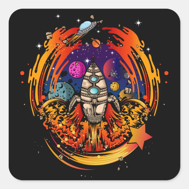 Blast Off Spaceship Square Sticker (Front)