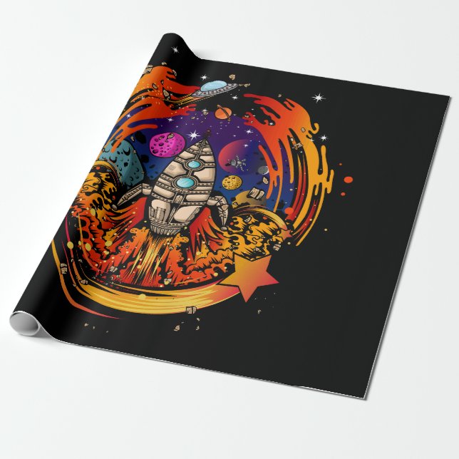 Blast Off Spaceship Wrapping Paper (Unrolled)