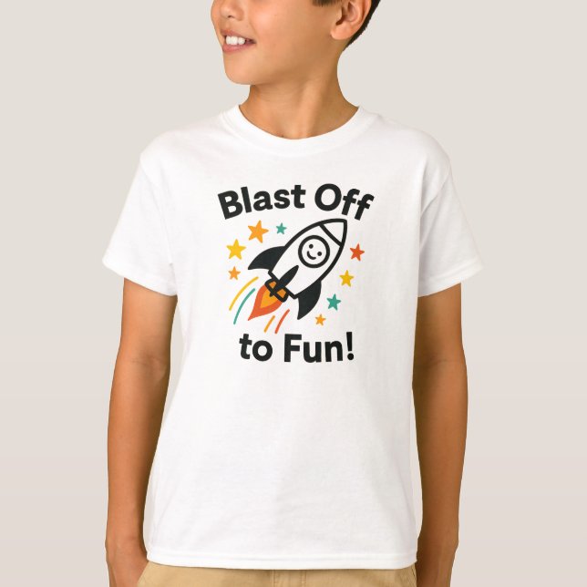 Blast Off to Fun Bold Space Graphic T-Shirt (Front)
