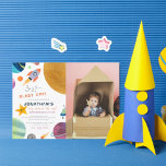 Blast Off! Trip Around The Sun Boy Birthday Photo Invitation<br><div class="desc">Let's celebrate the birthday boy! This planet-themed birthday invitation is great for any kid crazy about outer-space! The left side of the card features brightly coloured planets, a rocket ship, a UFO, and stars. The text reads "3, 2, 1... Blast off!" with your child's name in big futuristic letters. Your...</div>