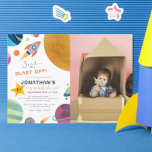 Blast Off! Trip Around The Sun Boy Birthday Photo Invitation<br><div class="desc">Let's celebrate the birthday boy! This planet-themed birthday invitation is great for any kid crazy about outer-space! The left side of the card features brightly coloured planets, a rocket ship, a UFO, and stars. The text reads "3, 2, 1... Blast off!" with your child's name in big futuristic letters. Your...</div>