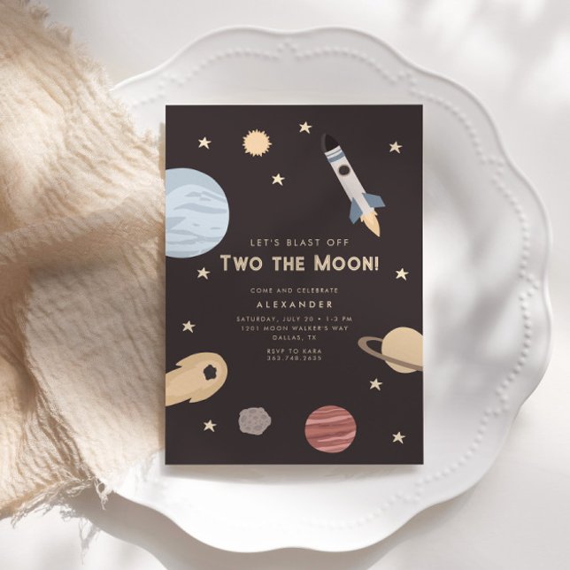 Blast Off Two the Moon Kids Space Birthday Invitation (Creator Uploaded)