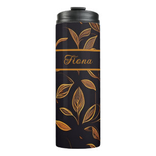 Blätter braun auf schwarzem Hintergrund Muster Thermal Tumbler