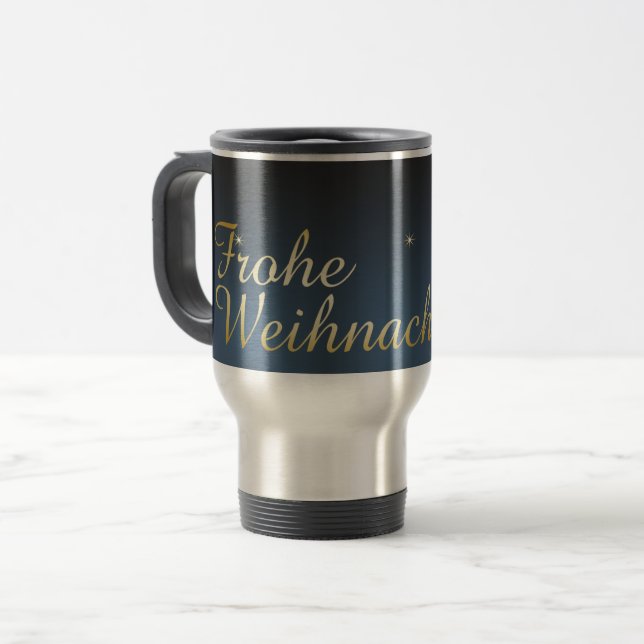 Blaues Weihnachtsmotiv mit goldenem Weihnachtsbaum Travel Mug (Front Left)