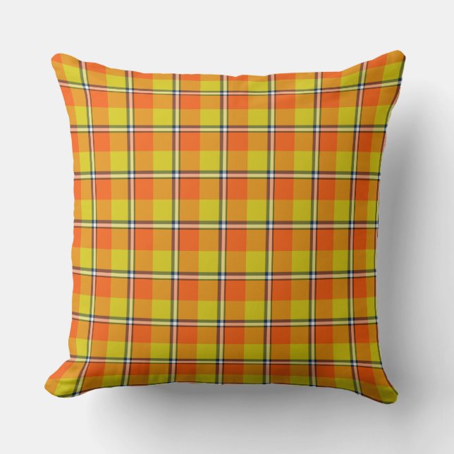 Blaze Orange and Bird Flower Plaid Cushion (Front)
