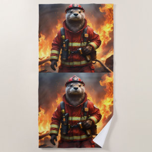 **"Blazing Bravery: The Otter Firefighter"** Beach Towel