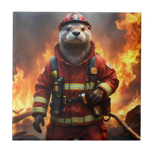 **"Blazing Bravery: The Otter Firefighter"** Ceramic Tile