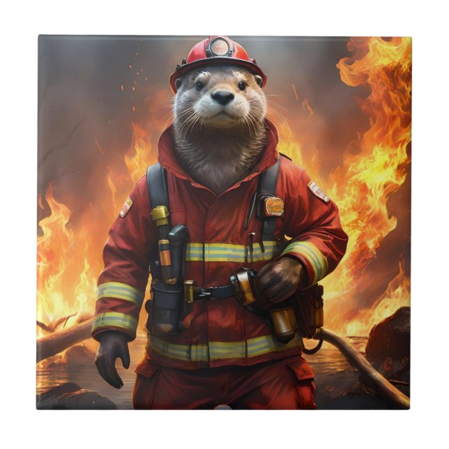 **"Blazing Bravery: The Otter Firefighter"** Ceramic Tile (Front)