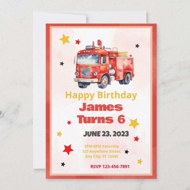 Blazing Fun: Fire Truck Birthday Party Invitation (Front)