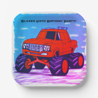 Blazing Fury: The Red Monster Truck Paper Plate