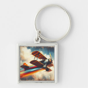 Blazing Speed: Retro VintageBiplane Oil Painting Key Ring