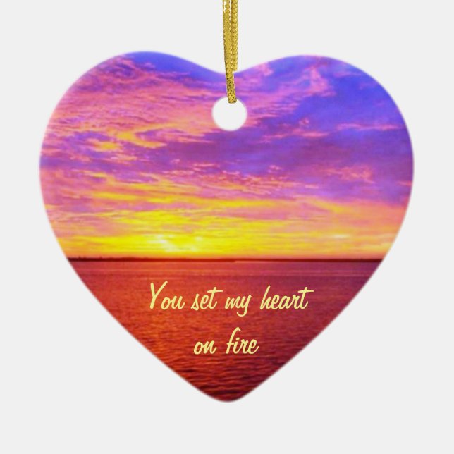 Blazing Sunset Personalised Heart on Fire Token Ceramic Ornament (Front)