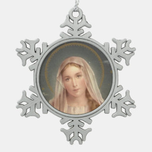BLEAAED VIRGIN MARY SNOWFLAKE PEWTER CHRISTMAS ORNAMENT