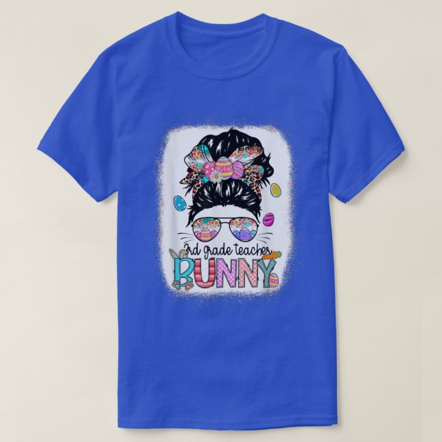 Bleached 3rd Grade Teacher Bunny Leopard Messy Bun T-Shirt (Design Front)