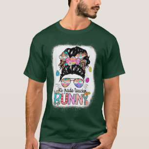 Bleached 4th Grade Teacher Bunny Leopard Messy Bun T-Shirt
