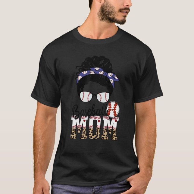 Bleached Baseball Aunt Messy Bun Game Day Mother's T-Shirt (Front)