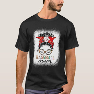 Bleached Baseball Mom Life Leopard Messy Bun Game T-Shirt