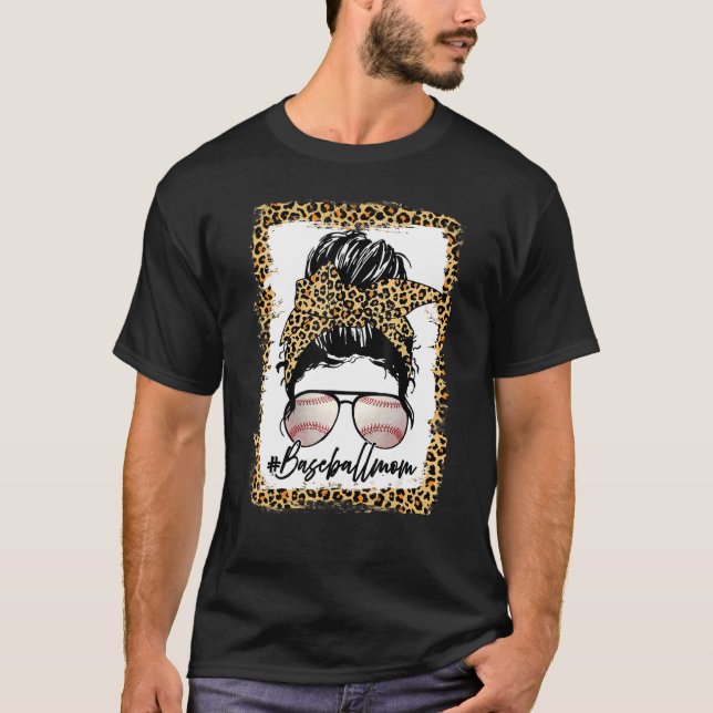 Bleached Baseball Mum Leopard Messy Bun Game Day V T-Shirt (Front)