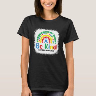 Bleached Be Kind Rainbow Blue Ribbon Autism Awaren T-Shirt