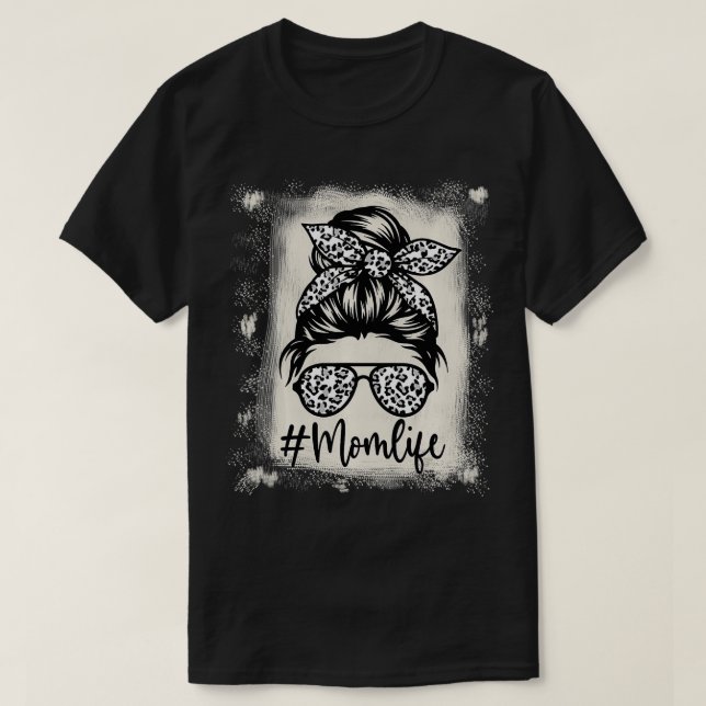 Bleached Classy Mum Life Leopard Pattern Messy Bun T-Shirt (Design Front)