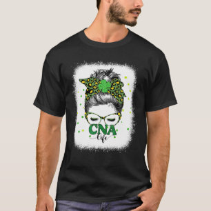 Bleached Cna Nurse Life Messy Bun Leopard St Patri T-Shirt